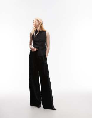 crushed velvet wide leg pants with skinny waistband in black