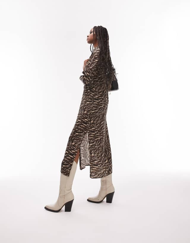 Topshop Tall cut out animal print midi shirt dress in multi