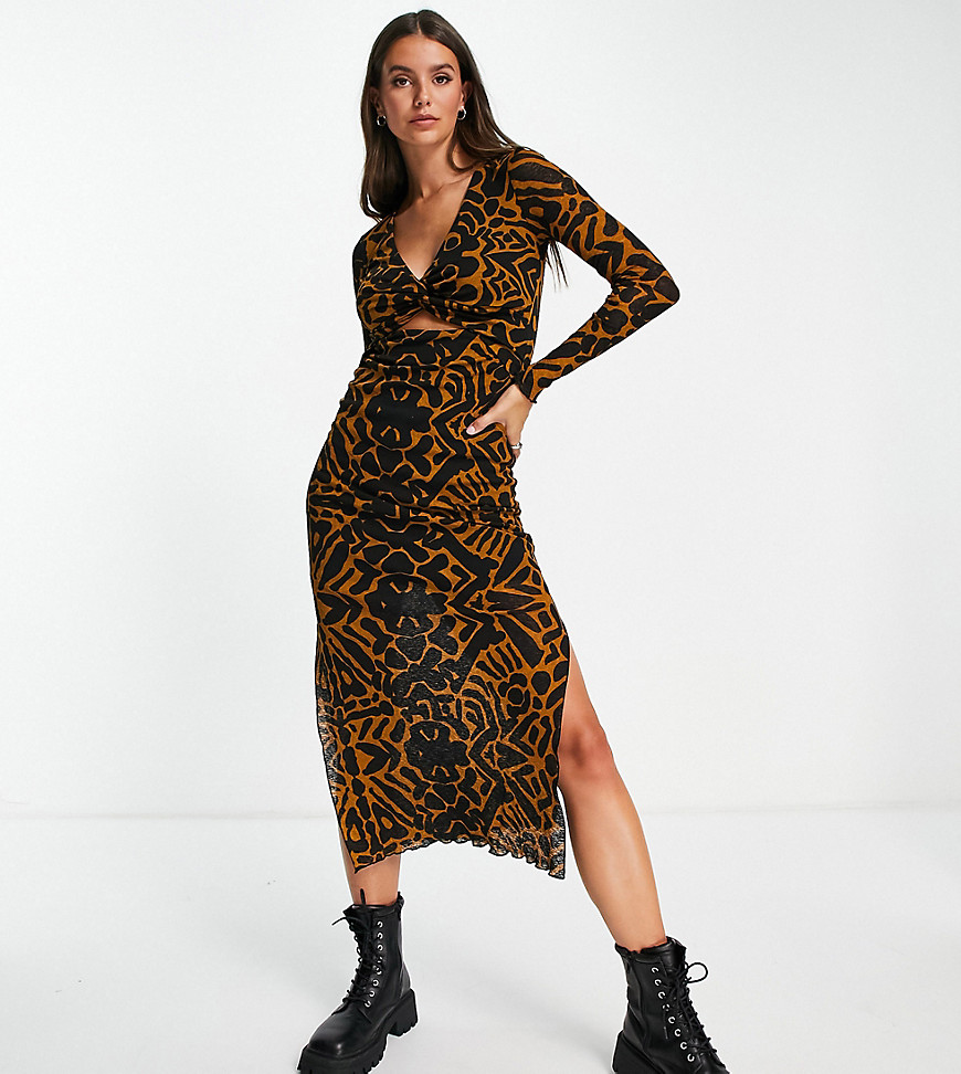Topshop Tall cut-out twist front midi dress in multi bold animal print