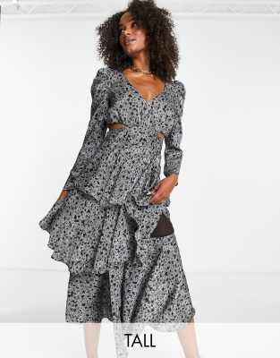 Topshop Tall Cut Out Waist Tiered Occasion Midi Dress In Star Print-multi