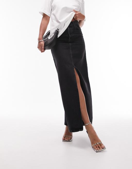 Topshop Tall – Czarna spódnica jeansowa maxi z efektem sprania z niskim stanem