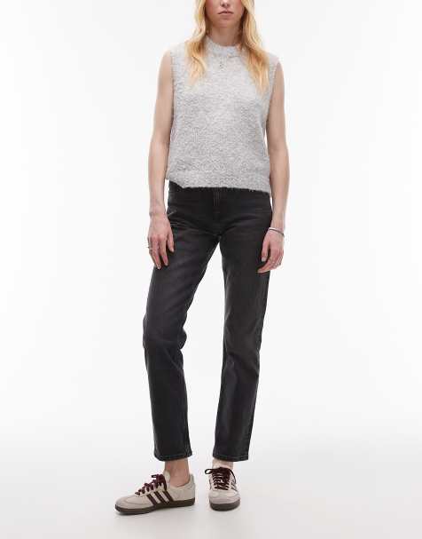 Topshop Tall mid rise straight cropped jean in washed black