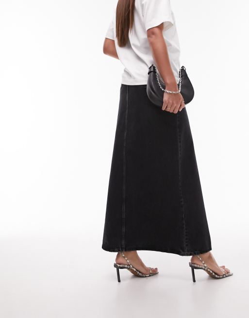 Topshop Tall denim low slung maxi skirt in washed black ASOS