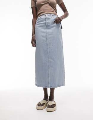 Topshop Tall denim midi skirt in bleach-Blue