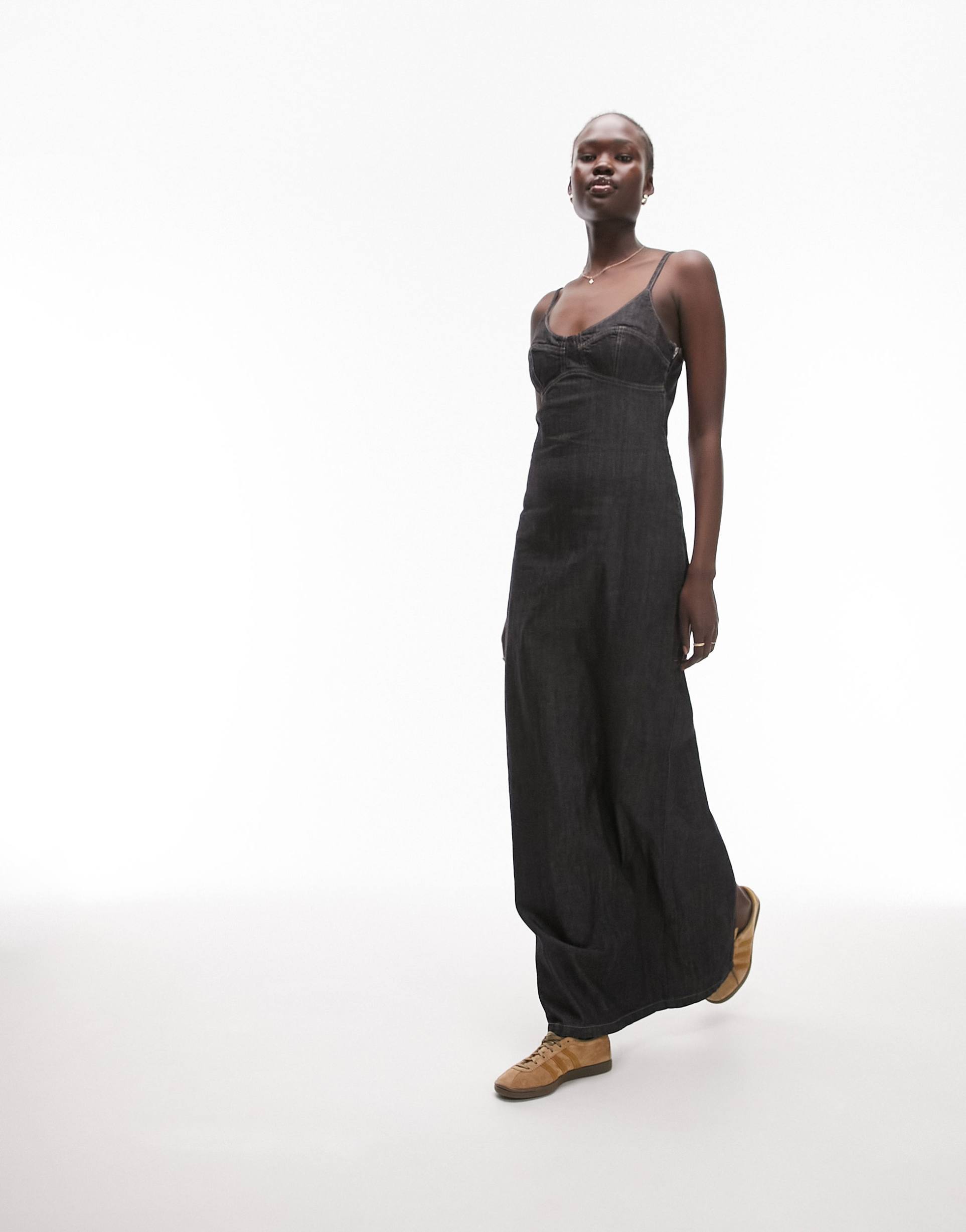 topshop tall denim slip dress in black