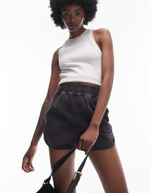 Topshop Tall denim track short in washed black