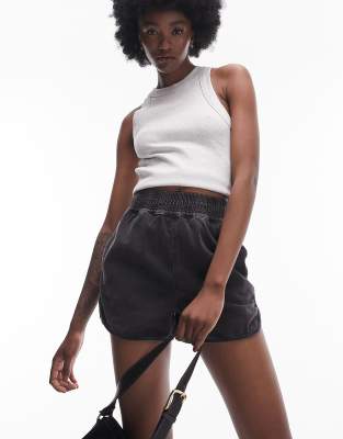 Topshop Tall denim track shorts in washed black