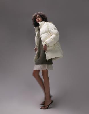 Topshop Tall mid length tie waist puffer jacket in cream - ASOS Price Checker