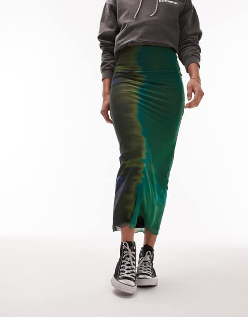 Topshop Tall – Dżersejowa spódnica midi w zielonym kolorze z nadrukiem 