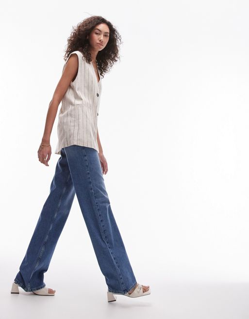 Topshop Tall - Ember - Jeans met wijde pijpen en lage taille in middenblauw