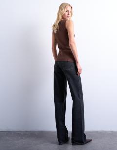 Model wearing Tall Ember low rise straight leg jean in washed black
