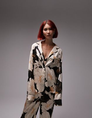 Topshop Tall satin floral print piped shirt and trouser pyjama set with eye mask in black  - ASOS Price Checker