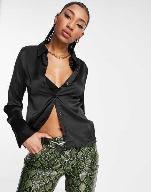 Topshop tall exclusive slim satin cuffed shirt in black | ASOS