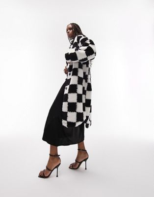Topshop Tall faux fur checkerboard longline jacket in monochrome
