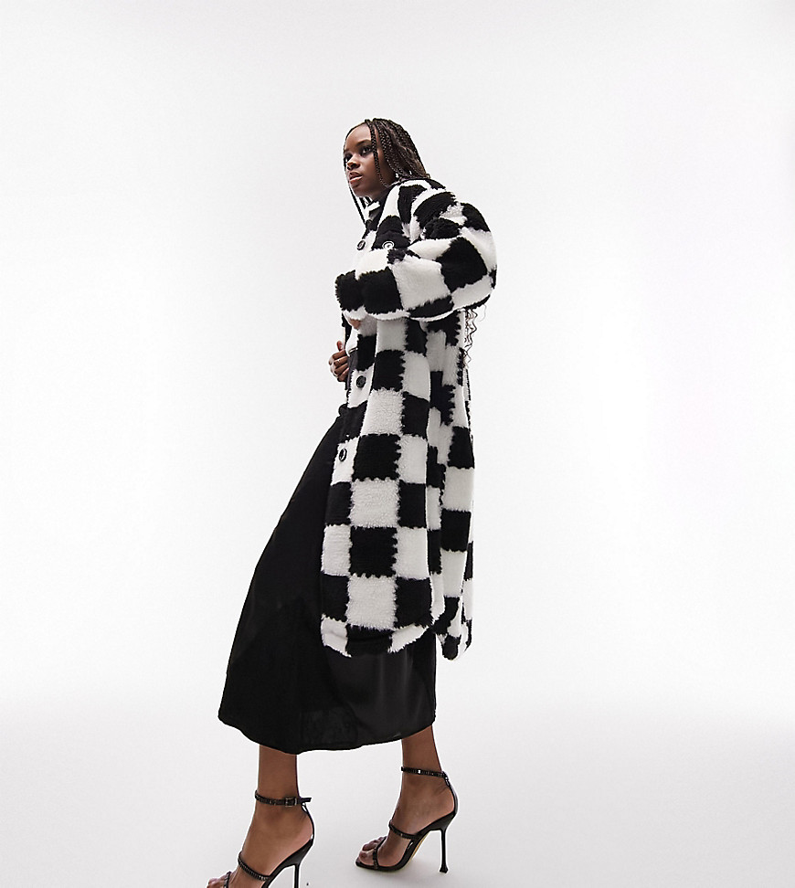 Topshop Tall faux fur checkerboard longline jacket in monochrome-Multi