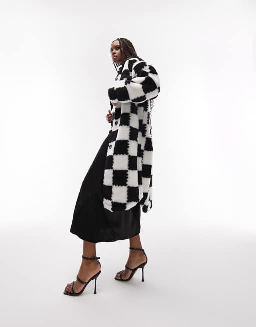 Topshop Tall faux fur checkerboard longline jacket in monochrome size 8