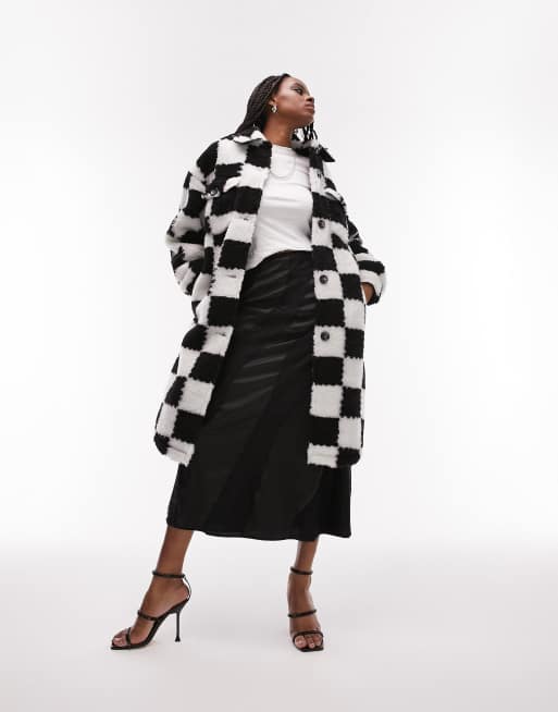 Topshop Petite faux fur checkerboard longline jacket in monochrome