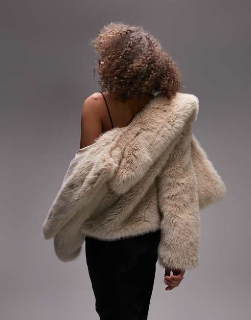 Topshop cropped faux fur coat in tipped winter white