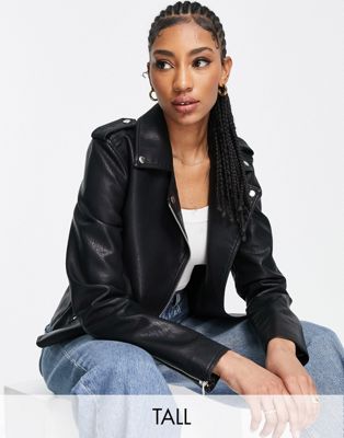 Topshop Tall faux leather biker jacket in black - ASOS Price Checker