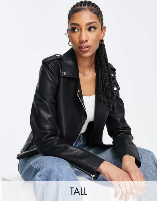 Topshop Tall faux leather biker jacket in black