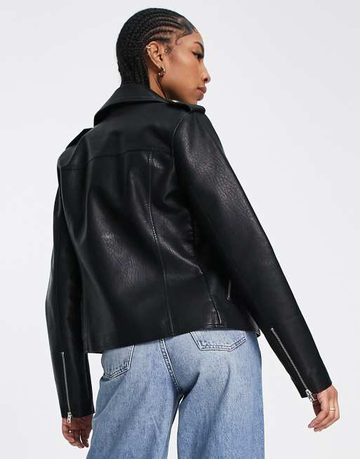 Topshop faux leather classic biker jacket in black