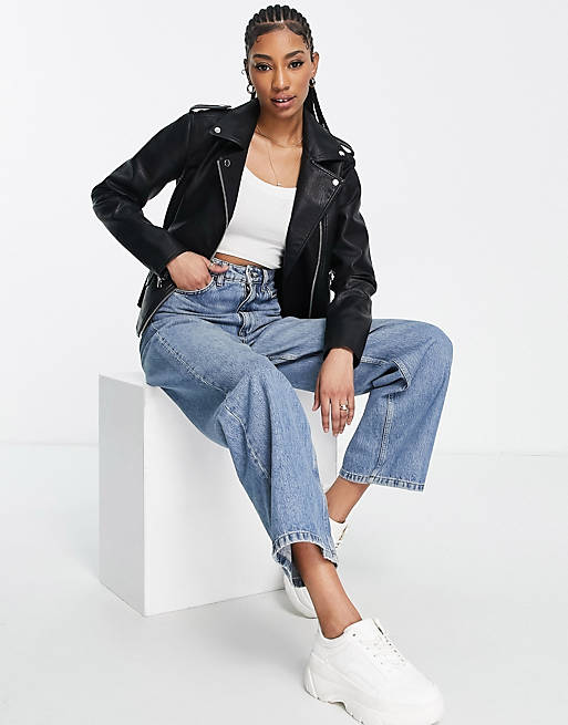 Topshop Tall faux leather biker jacket in black | ASOS