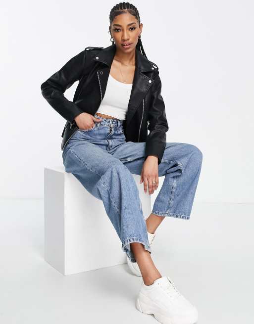 Topshop Petite faux leather biker jacket in black - ShopStyle