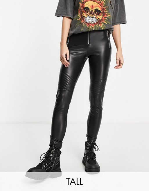 Topshop Tall faux leather skinny fit biker trouser in black
