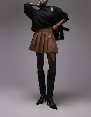 Tall faux leather clean pleat mini skirt in coffee-Brown