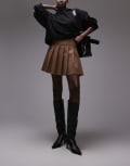 [Topshop] Topshop Tall faux leather clean pleat mini skirt in coffee-Brown 6 Coffee
