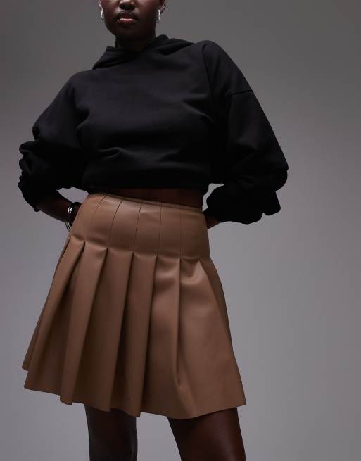 Topshop Tall faux leather clean pleat mini skirt in coffee