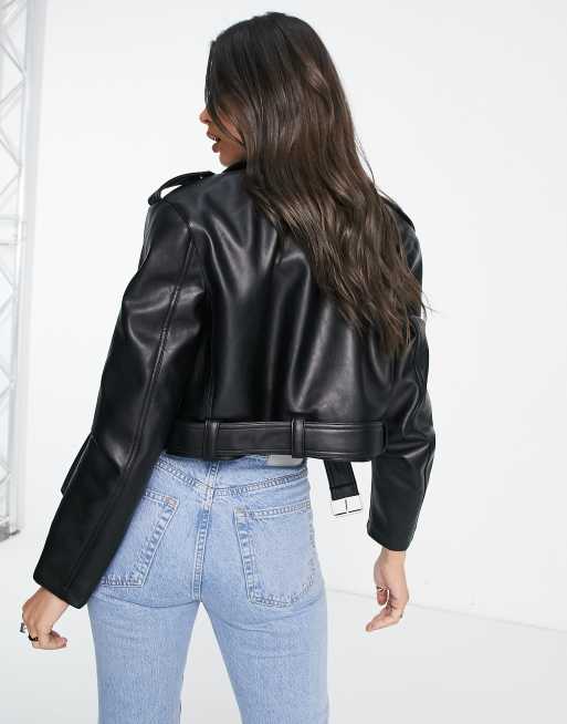 Topshop Tall faux leather moto jacket in black - ShopStyle