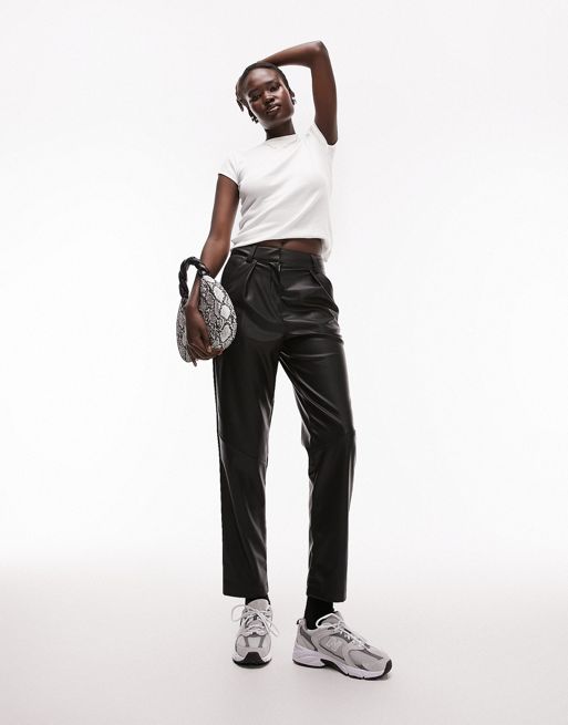 Topshop Tall faux leather high waisted peg trouser in black