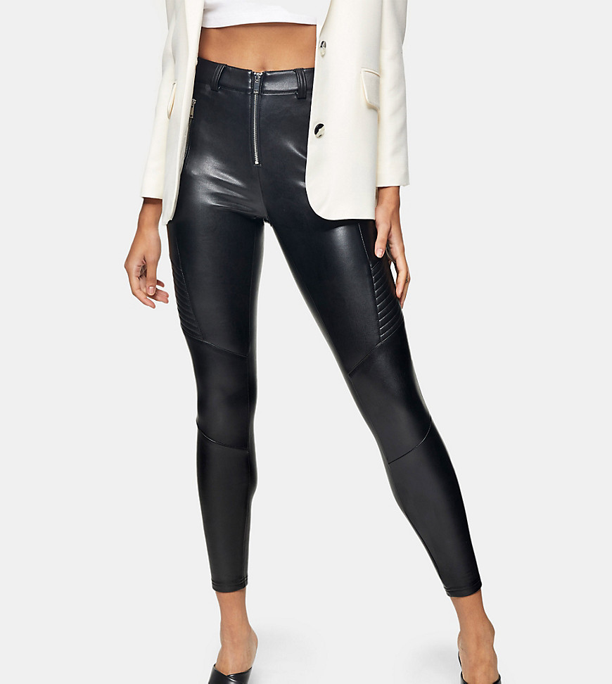 Topshop Tall faux leather moto pants in black