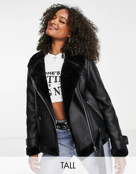 Black Muubaa Leather Finish Button Front Shearling in Black/White Womens Clothing Jackets Leather jackets 