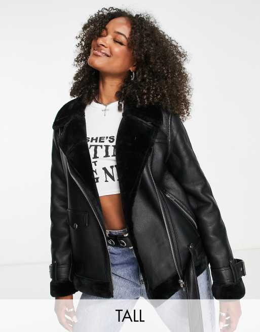 Topshop Tall faux leather shearling aviator biker jacket in black