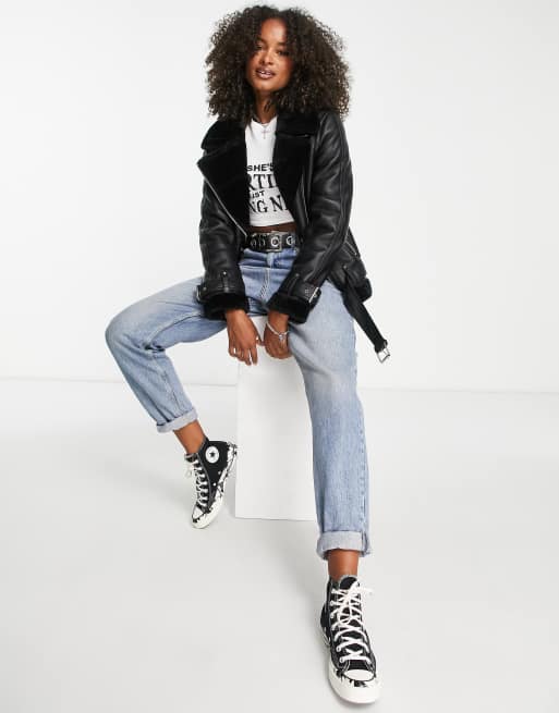 Topshop Tall Faux Leather Shearling Aviator Biker Jacket In Black