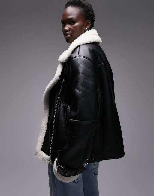 Topshop Faux Shearling Aviator Jacket With Faux Fur Lining In