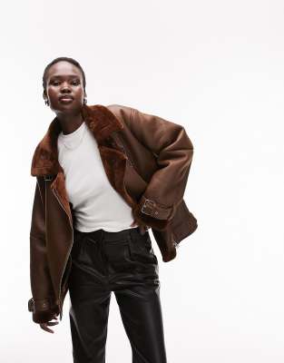 Topshop Tall Faux Leather Shearling Aviator Biker Jacket In Chocolate-brown