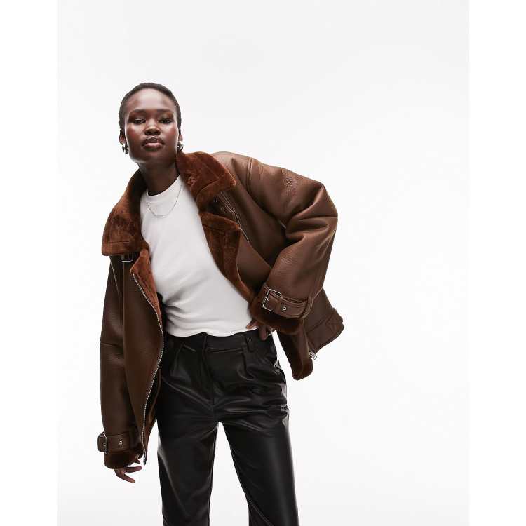 Topshop Tall faux leather shearling aviator biker jacket in chocolate