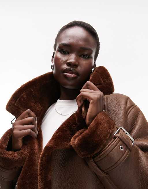 Topshop Tall Oversized Faux Fur Coat In Chocolate-White