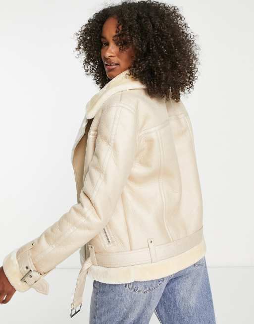 Topshop Tall faux leather shearling aviator biker jacket in ecru