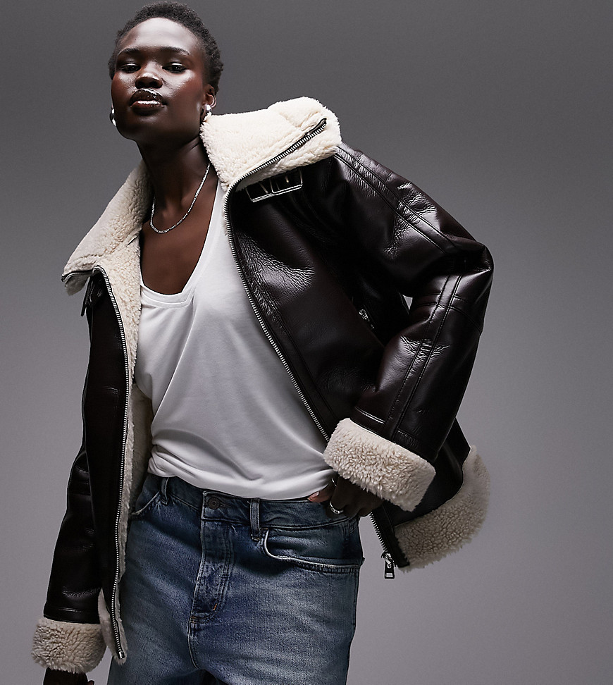 faux leather shearling zip front oversized aviator jacket with double collar detail in chocolate-Brown