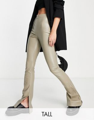 Topshop Tall faux leather split flare in putty