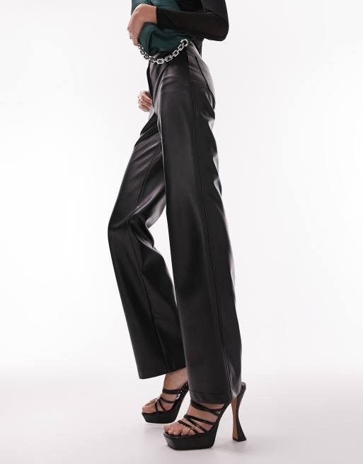 Topshop Tall faux leather straight leg trouser in black | ASOS