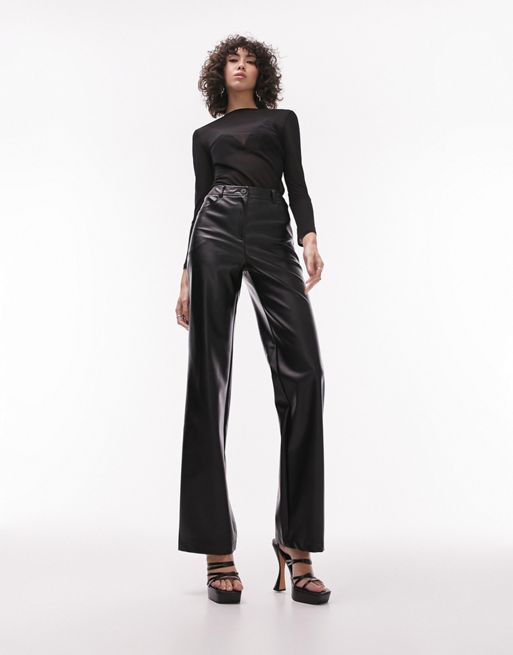 Topshop Tall Faux Leather Straight Leg Trouser In Black for Women