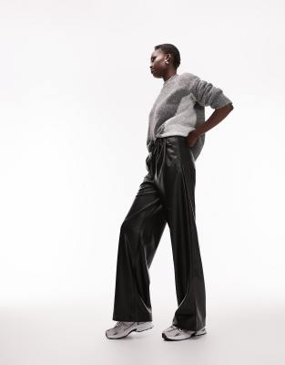 Topshop Tall Faux Leather Super Wide Tailored Pants In Black