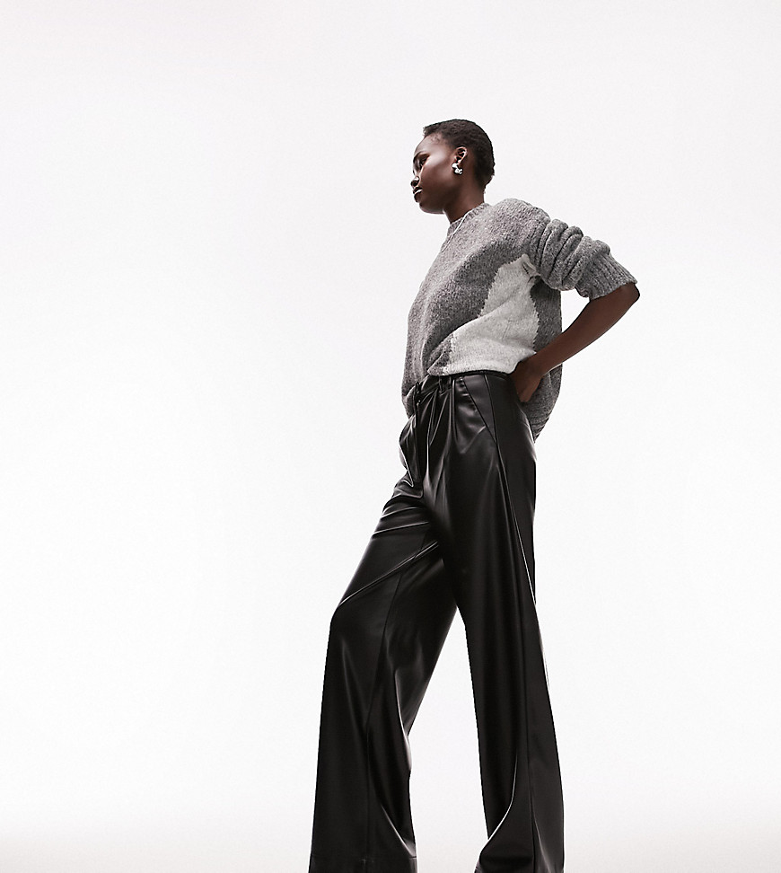 faux leather super wide tailored pants in black