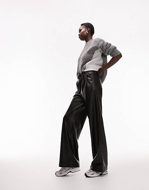 Topshop Tall faux leather super wide tailored pants in black