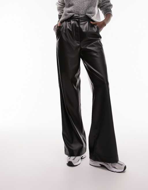 Topshop Tall faux leather super wide tailored pants in black